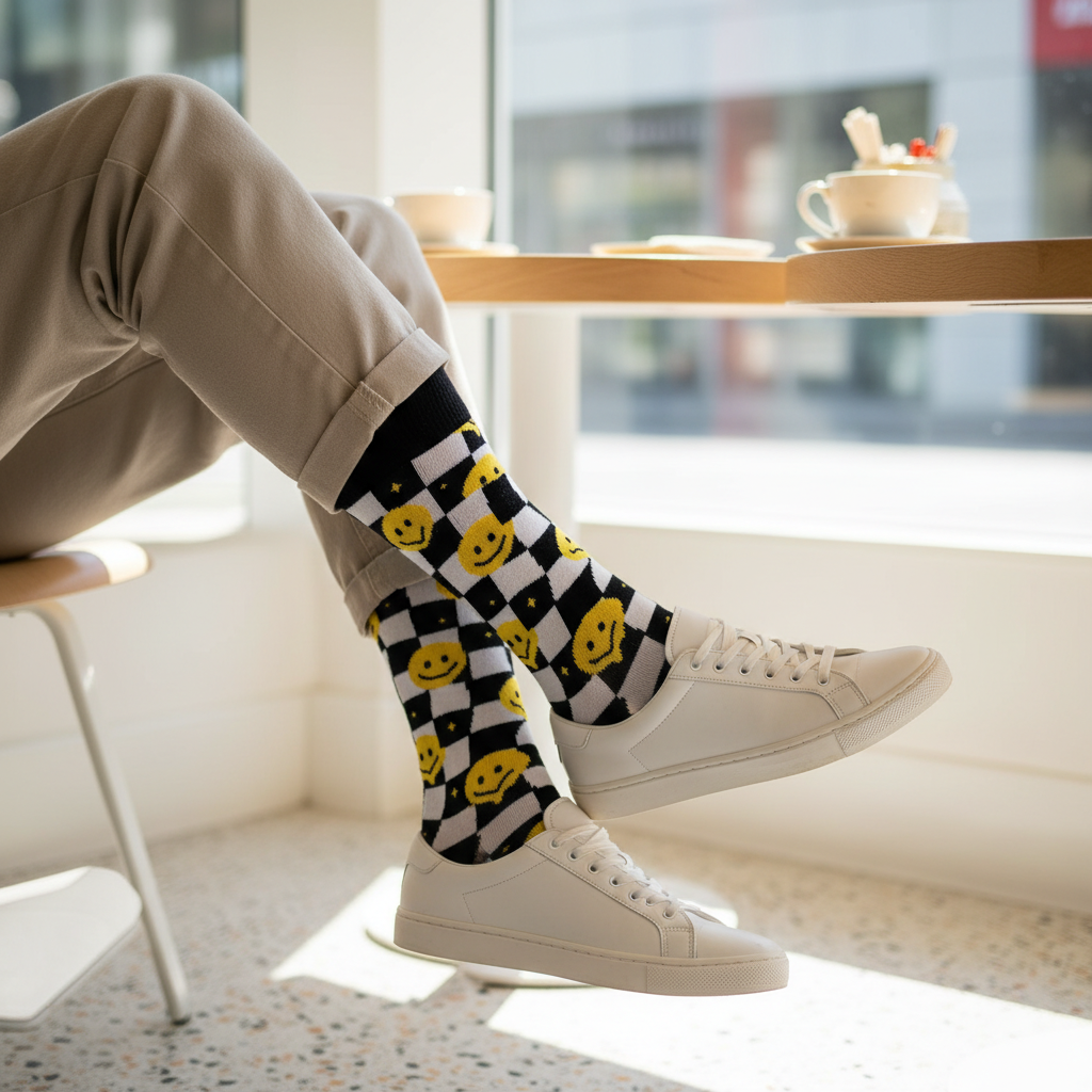Iemand in koffie cafe met smiley sokken aan 