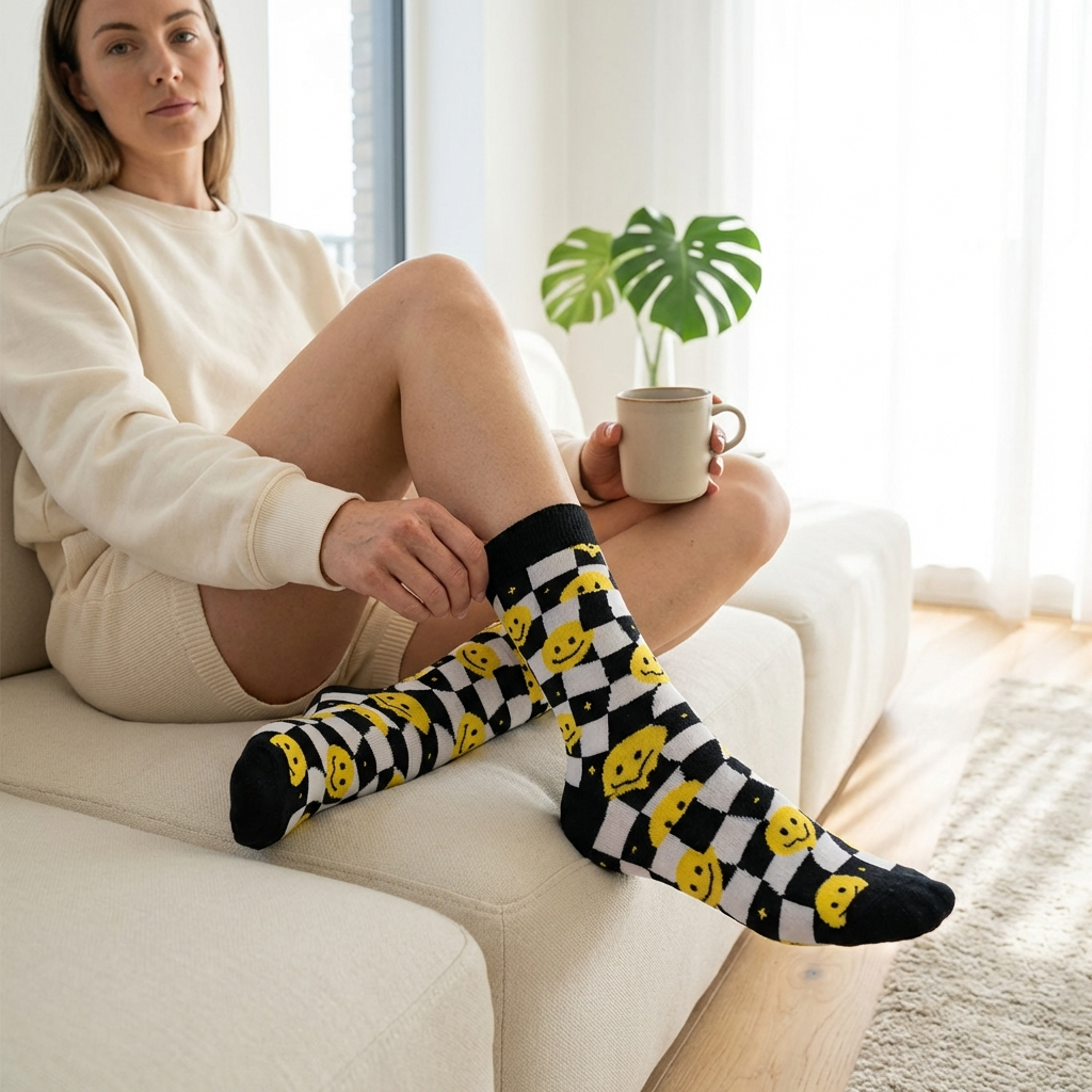 Vrouw op de bank met smiley sokken aan